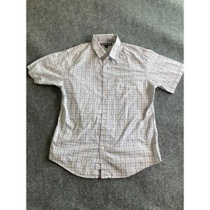 Infamous Mens XL Short Sleeve Plaid Button Down Shirt Blue Brown White Textured